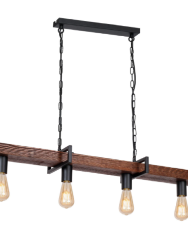 Lustră Suspendată Industrială cu 4 Becuri xE27– Lemn Masiv Maro și Metal Negru, Design Vintage